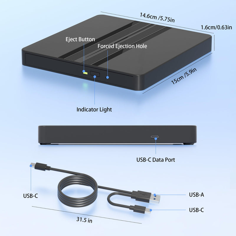 Ultra-Thin External CD DVD Drive with Extra-Long 31.5 Inch Cable | Portable CD/DVD +/-RW Burner USB 3.0 & USB-C Plug & Play Optical Drive for Laptop Desktop PC Windows Mac OS Linux Apple