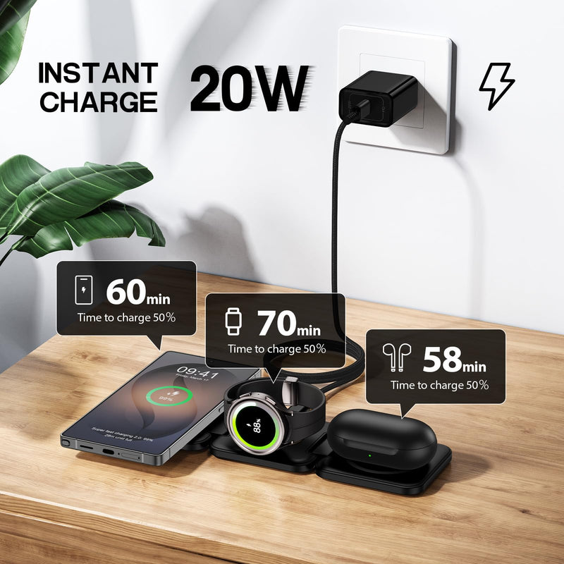 Wireless Charger for Samsung, 3 in 1 Charging Station Travel Charger | for Samsung Galaxy S26 Ultra/S25 FE/S24/S23, Protable Charger for Samsung Galaxy Watch 9/Ultra2/8 Classic/7/FE, Galaxy Buds 4 Black