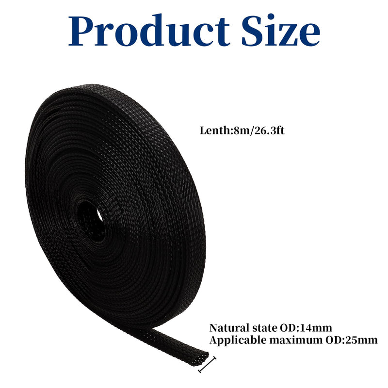 26ft-1/2 inch Expandable Braided Cable Sleeving Black | Split Mesh Wire Loom Tubing, Split Sheathing Wrap Sleeve, Cable Management, For TV Computer Home Theater
