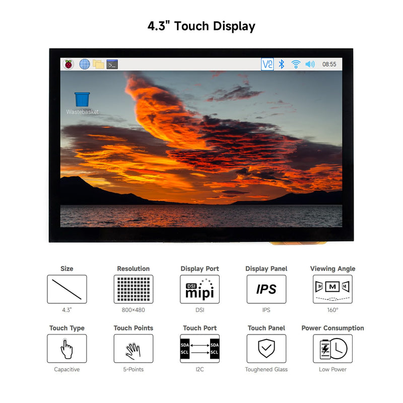 [AUSTRALIA] - waveshare 4.3inch Capacitive Touch Display Compatible with Raspberry Pi 5/4B/3B+/3A+/3B/2B/B+/A+/CM3/3+/4 800×480 Resolution IPS Wide Angle MIPI DSI Interface 4.3inch DSI LCD 