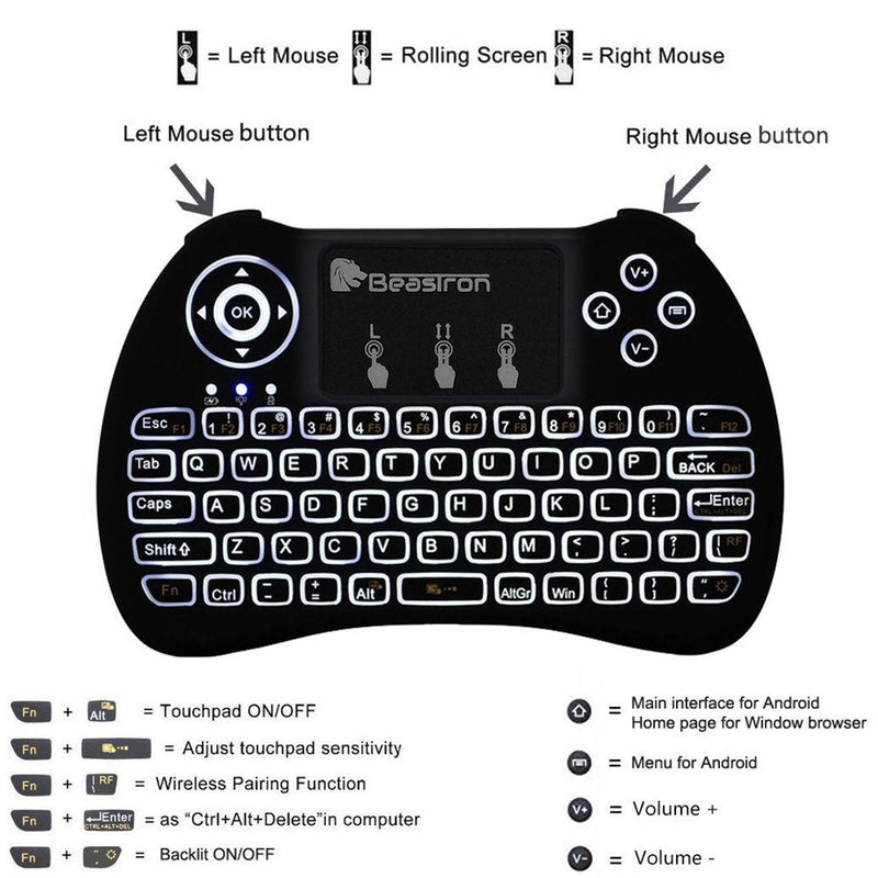 Beastron 2.4G Mini Wireless Keyboard with Touchpad＆QWERTY Keyboard, Backlit Portable Keyboard Wireless with Remote Control for Laptop,PC,Tablets,Pad,Google Android TV,Xbox,PS3/4 .Black