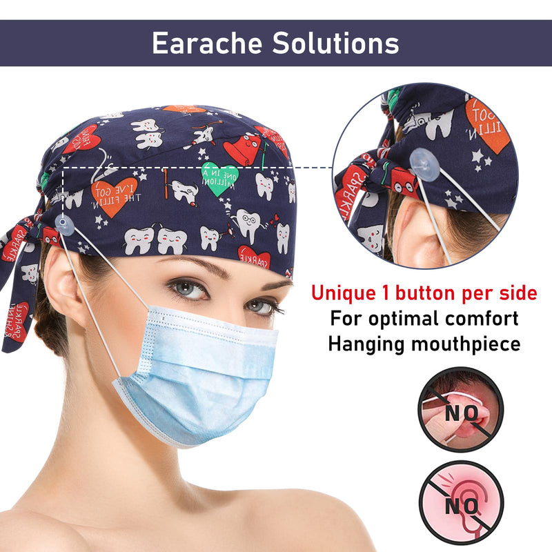 Pack of 3 Adjustable Surgical Cap with Button Work Cap Cotton Print Sick Nurses Cap Unisex Dust Caps, multi-coloured, Unit size cartoon teeth style