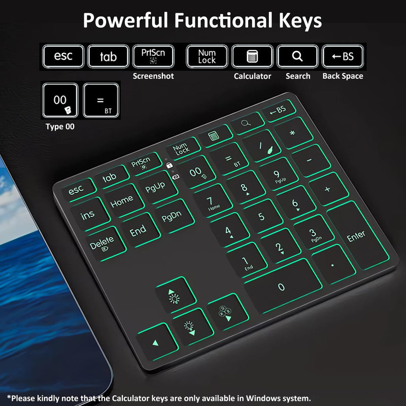 Tri-Mode Aluminum Numpad 7-Color LED Backlit, BT5.0/USB/2.4G Wireless Rechargeable Number Pad 35-Key Scissor Switches Light Up Keycaps for PC/Laptop/Win/Mac, Grey Black