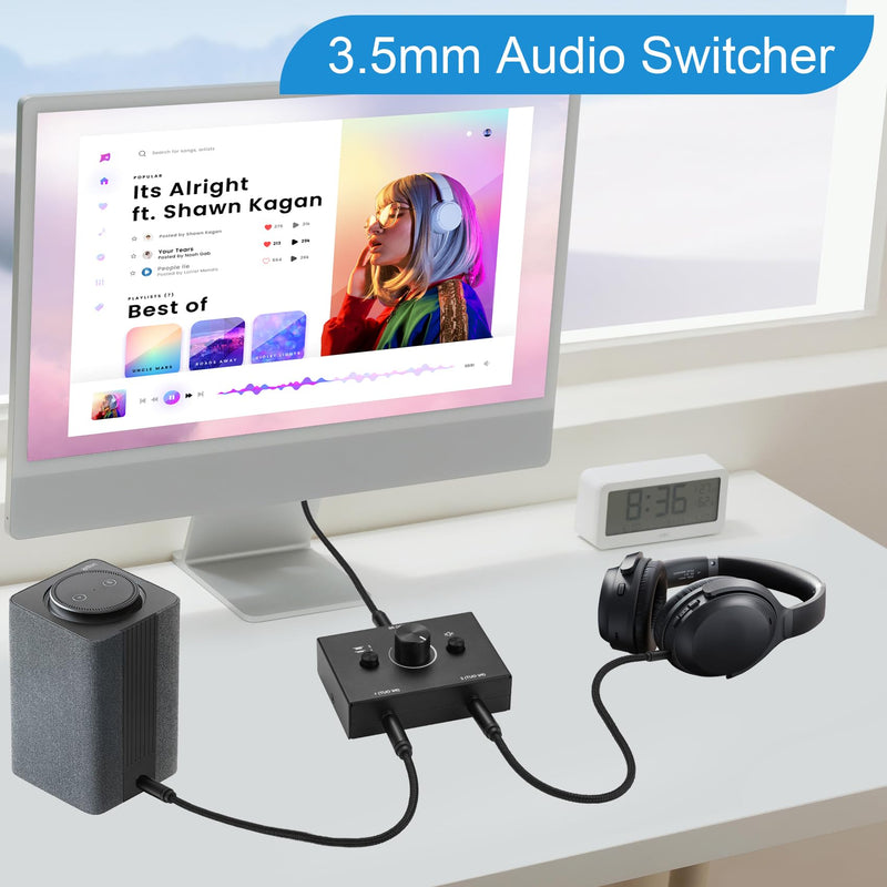3.5mm Stereo Audio Switch Audio Switcher Passive Speaker Headphone Manual Selector Splitter Box Audio Sharing 2 Port Black