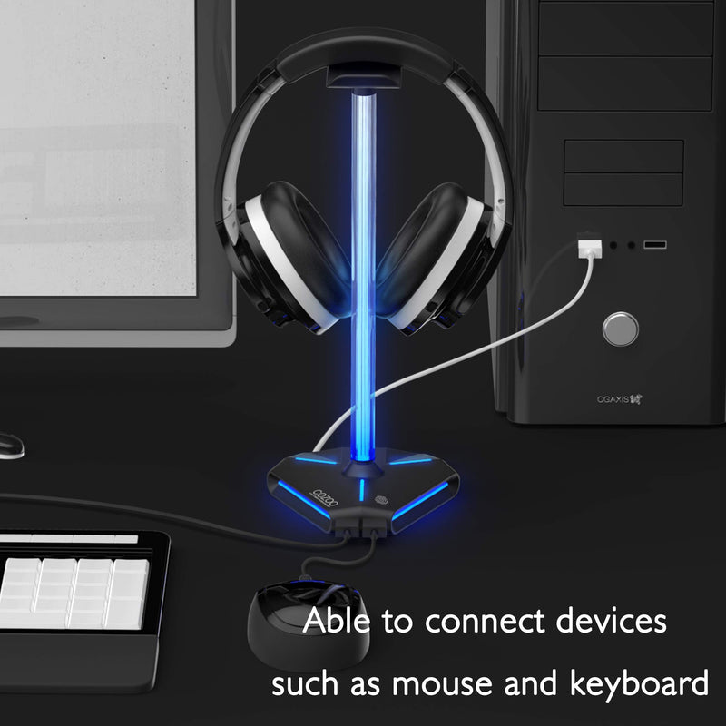 COZOO RGB Headphone Stand with 2 USB2.0 Extension Charging Port Extender Cord,Headset Stand Holder for Gamer Desktop Table Game Earphone Accessories