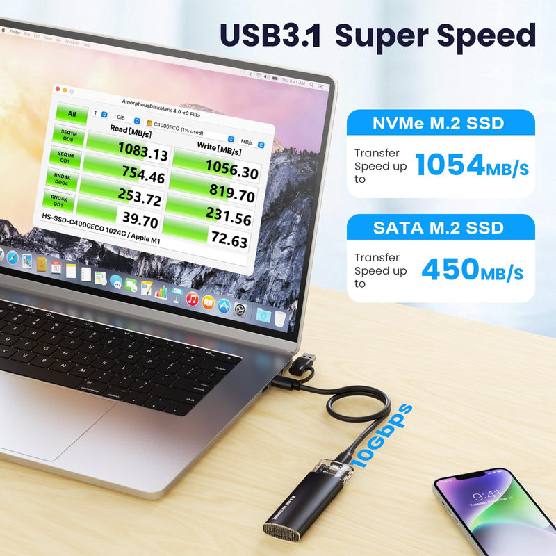 M.2 NVMe SATA SSD Enclosure, 10Gbps USB 3.1 GEN2 Support UASP Trim, Tool Free NVMe SATA SSD to USB-C Adapter Case for 2242/2260/2280