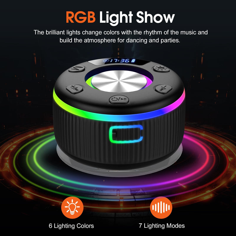 [AUSTRALIA] - Bluetooth Shower Speaker, Portable Bluetooth 5.3 Speakers Wireless with Time Display, IP7 Waterproof Speakers with RGB Light, Suction Cup, Mini Stereo Speaker for Bathroom Party Travel Beach Outdoor Jet Black 