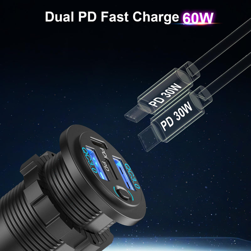 2 Pack 12V USB Outlet 4 Port Car Charger, 78W Super Fast Dual PD3.0 & QC3.0 Multiple USB Port for Car, USB C Cigarette Lighter Replacement 12 Volt Socket Waterproof for Marine Boat Motorcycle RV Golf pack of two