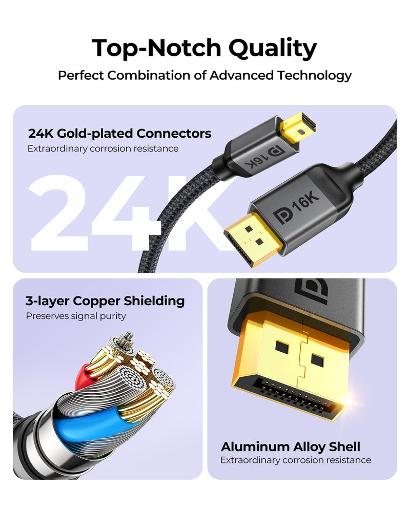 Silkland 16K Mini DisplayPort to DisplayPort 2.1 Cable, [16K@60Hz, 8K@120Hz, 4K@240Hz] 80Gbps Bi-Directional, HDR, G-Sync, Mini DP [Thunderbolt 2] for Gaming Laptop, MacBook, Monitor,6.6FT 6.6FT