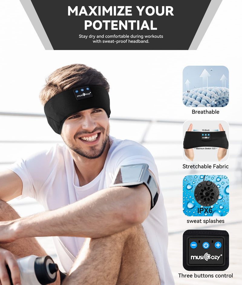 [AUSTRALIA] - MUSICOZY Sleep Headphones Headband, Wireless Earbuds Earphones Sweat Resistant with Ultra-Thin HD Stereo Speaker, Bluetooth 5.2 for Workout Running Cool Gadgets Unique Gifts Dark Black 