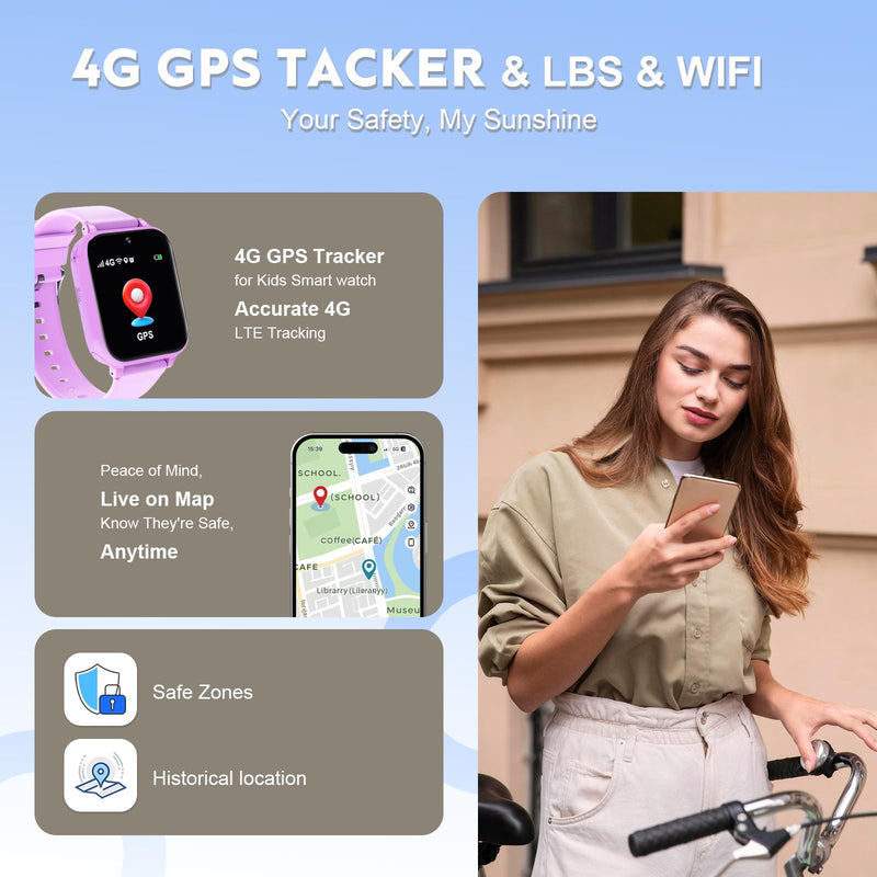 4G Kids Smart Watch with GPS Tracker for Boys Girls SOS Video Call 4G Purple