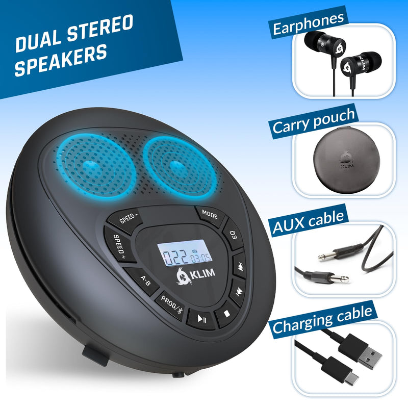 KLIM Speaker + Bluetooth CD Player with Speakers + NEW 2024 + Discman + Rechargeable Battery + Portable CD Player with Headphones + CD Player Portable + SD Card + AUX + Ideal for Car, Home With Bluetooth