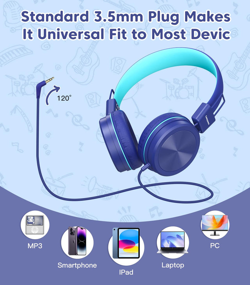 [AUSTRALIA] - Kids Headphones, Toddler Headphones with Safe Volume Limiter 94dB, Wired School Headphones for Kid, 3.5mm Adjustable On-Ear Headphones for Boys/Girls/Children/Teens/iPad/Computer, Dark Blue Plug 3.5mm 