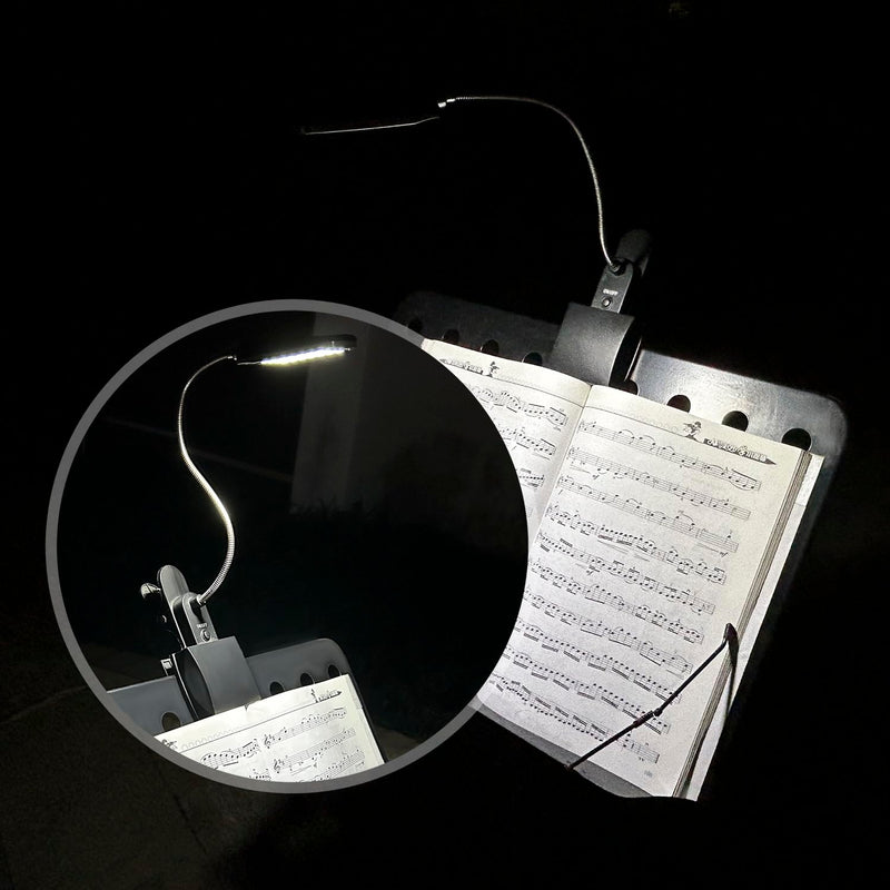 Music Stand Light, Clip on LED Book Lights, USB and AA Battery Operated, Reading Lamp in Bed, 3 Brightness Levels, Ideal for Musician, Piano Player, Kids, Travel, Black