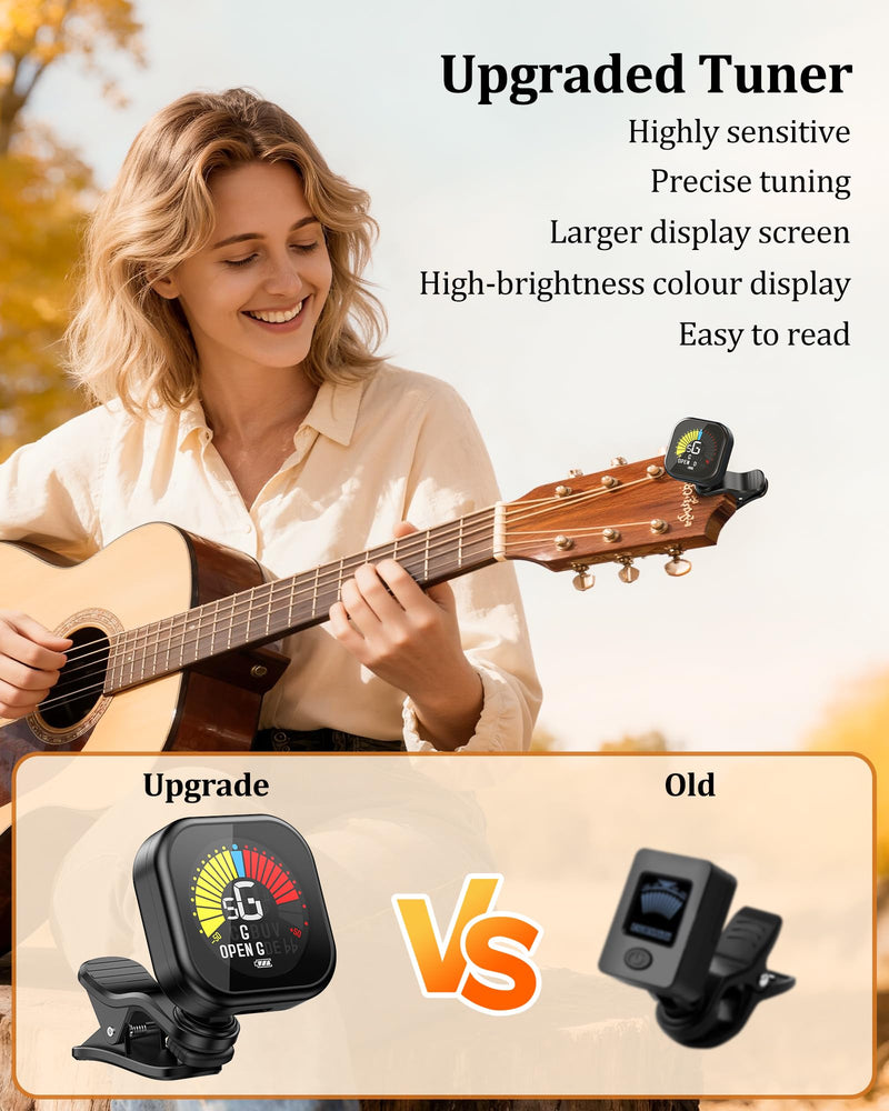 [AUSTRALIA] - New Bee Guitar Tuner Clip-On Rechargeable with Color Screen 360° Rotatable Acoustic Chromatic Open Tuning for Guitar, Bass, Ukulele, Violin, Cello(Black, 1 Pack) Black 