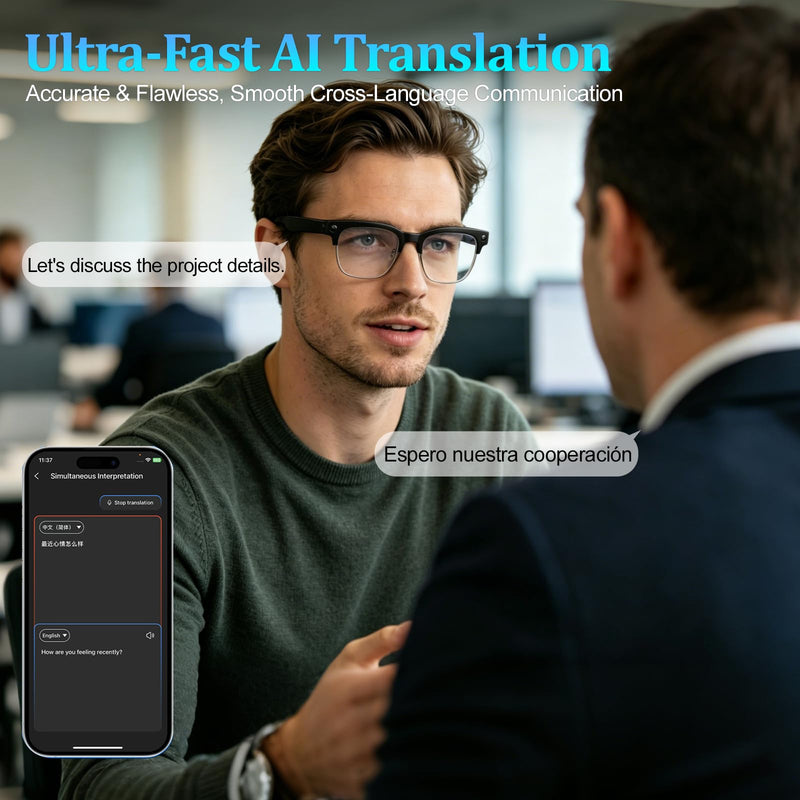 AI Smart Glasses with 8MP Camera, 1080P Video Recording & HD Photos, Bluetooth Audio, Voice Assistant, Real-Time Translation, Noise Cancelling Calls & Music, Photochromic Lenses W630_Black