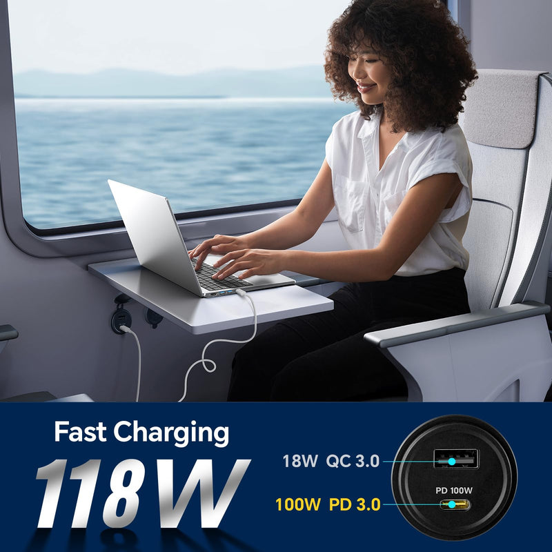 118W 12V USB Outlet, 100W Type-C PD3.0 Laptop Car USB C Socket | 100W+18W Fast charging, PD3.0+QC3.0, All Aluminum Design, Cigarette Lighter Replacement, For RV Boat Truck Van Car Camper 2Pcs
