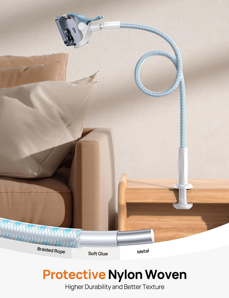 Gooseneck Phone Holder for Bed - [2023 Upgrade Nylon Braid] 38” Flexible Lazy Arm Clip, 360 Adjustable Overhead Phone Mount for iPhone 14 13 12 11 Pro Max Mini Plus, all 4-7" Cellphone - White