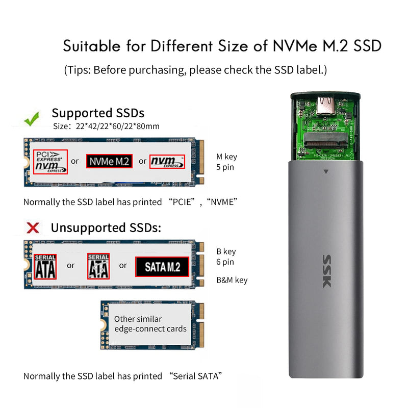 SSK Aluminum USB C to M.2 NVMe SSD Tool-Free Enclosure Reader, USB 3.1/3.2 Gen 2(10Gbps) to NVMe PCI-E M-Key Solid State Drive External Adapter Support UASP Trim (Fits only NVMe SSDs 2242/2260/2280) grey