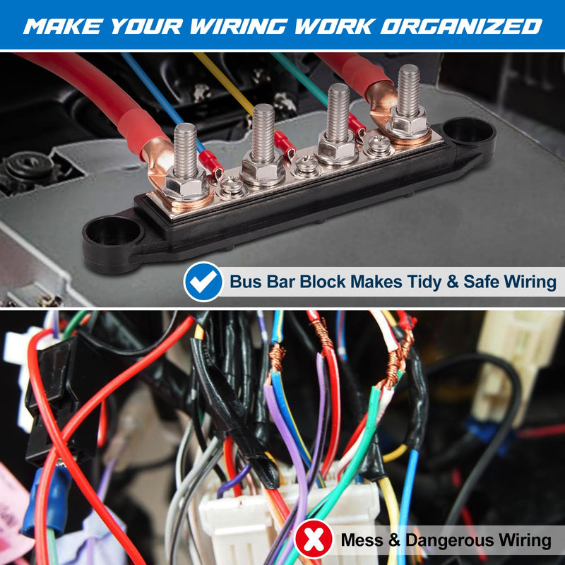 [AUSTRALIA] - Spurtar 12V Bus Bar 12V Power Distribution Block with 4X 5/16'' M8 Terminal Studs, 3X #8 M4 Screws Bus Bar Terminal Block 12V 24V 48V 250A for Car Truck RV ATV Boat Trailer Red Black Pair 4x 5/16'' M8 Posts - 3#8 Screws 