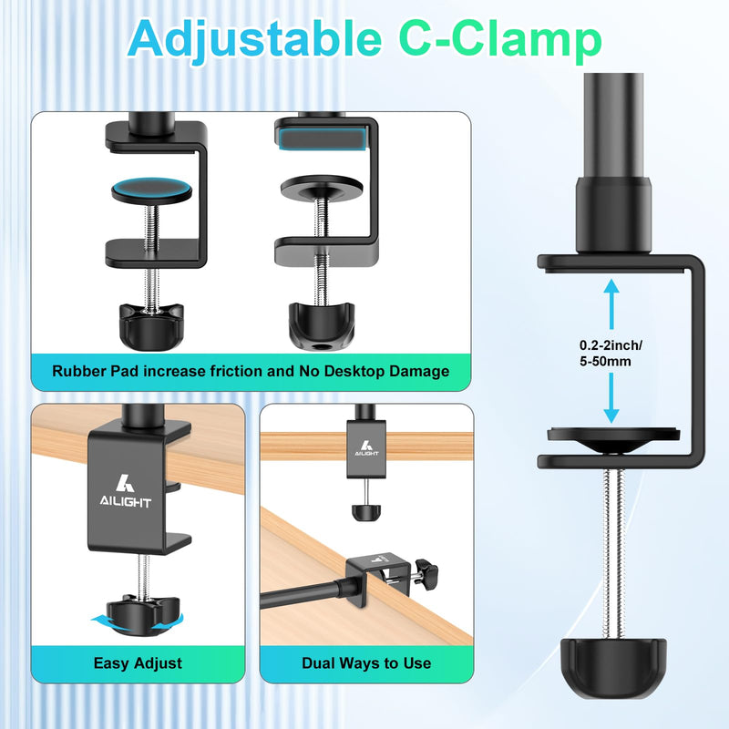 Ailight Camera Desk Mount Webcam Stand, Adjustable Table Camera Stand with 1/4" Screw & C Clamp Overhead Tripod Webcam Mount for Logitech Obsbot insta360 Anker and Others TS6001