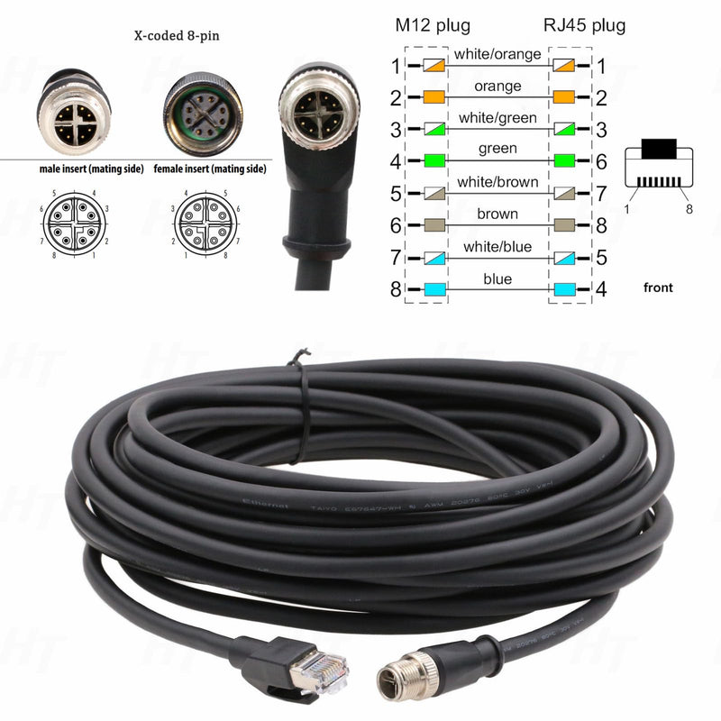 HangTon Ethernet Cable for Cognex Basler Baumer Camera Sensor GigE Vision Application High Speed Network M12 8 Pin X-Coding to RJ45 Cat 6A 16.4ft 5 meters