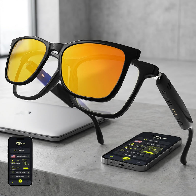 Smart Bluetooth glasses,Anti Blue Light/Polarized (with Orange Lenses) | Magnetic Sunglasses for Men Women,UV400 Protection,Real-time Translation,for indoor/outdoor With orange lenses