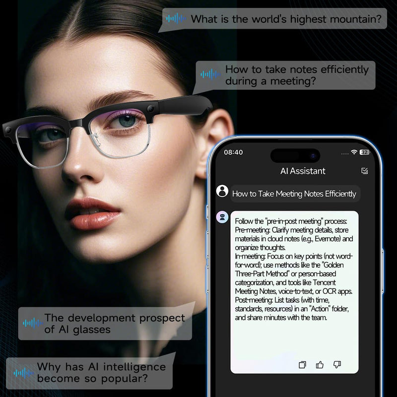 AI Smart Glasses with Camera,8MP HD Video Recording For Men And Women, GPT Identify Objects & AI Translation,Bluetooth Camera Glasses For Travel & Vlogging (Black) W630 Camera glasses