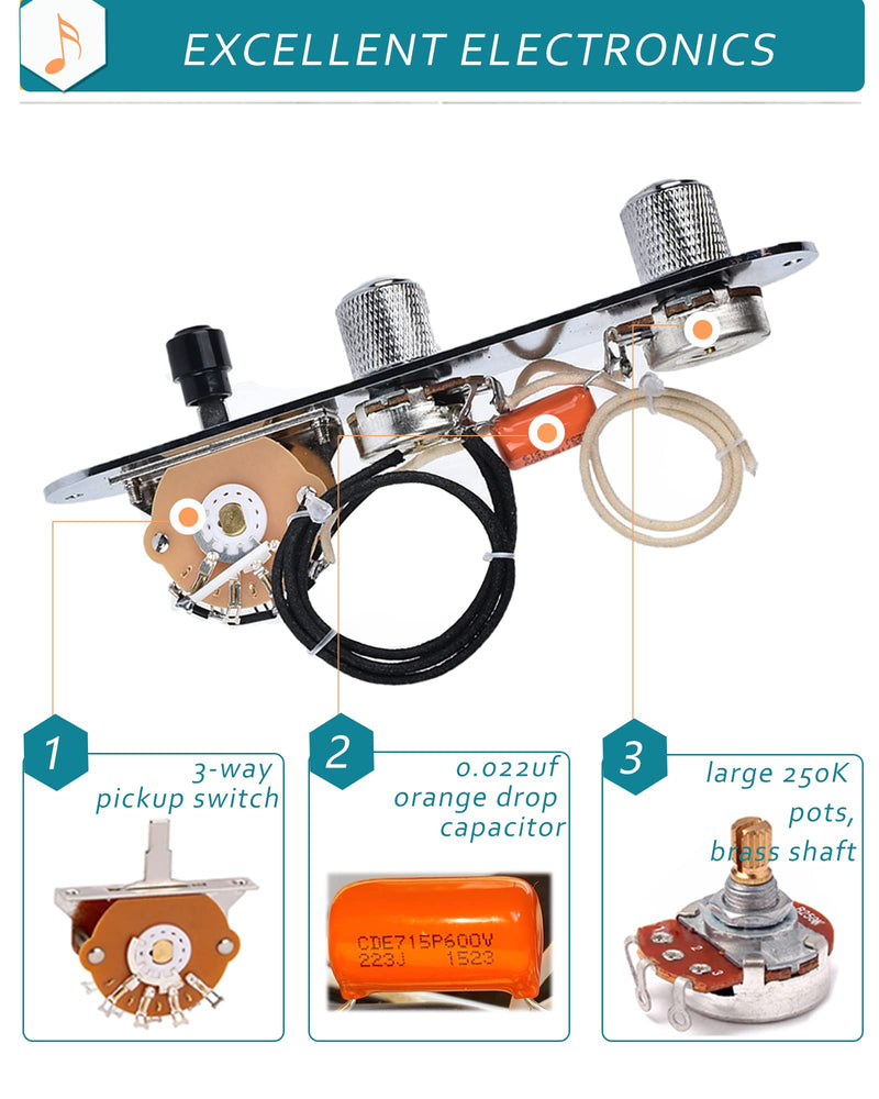 Fully Loaded Guitar Control Plate, Prewired 3-way Blade Switch Large Potentiometers Orange Capacitor, Knurled Volume Tone Controls Knobs Fit for Guitars with Single Coil Pickups, Chrome chrome TL02b