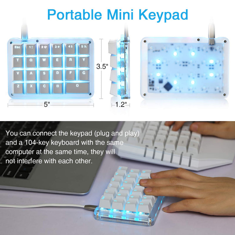Koolertron One Handed Macro Mechanical Keyboard, Portable Mini One-Handed Mechanical Gaming Keypad 23 Fully Programmable Keys ((Blue Backlit/Blue switches)) White/Blue backlit/Blue switches