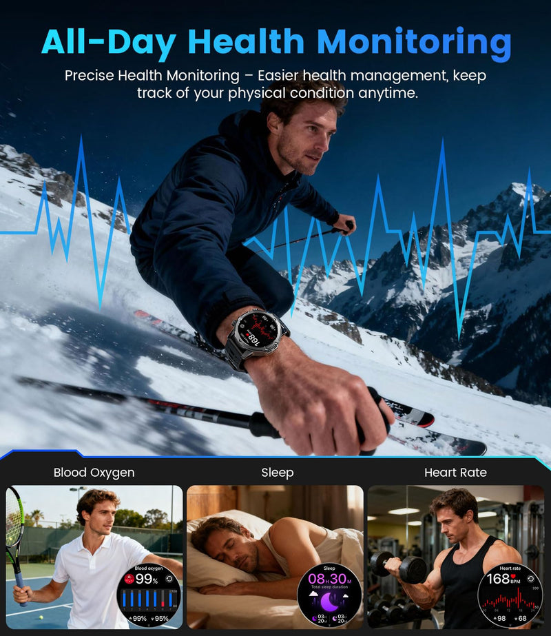 1.53'' Smart Watches for Men with 1000mAh Battery/Flashlight, Military Smart Watch with 120+ Sports Modes, Heart Rate/Sleep Monitor/IP68 Waterproof, Fitness Tracker for Android iOS, Jet Black