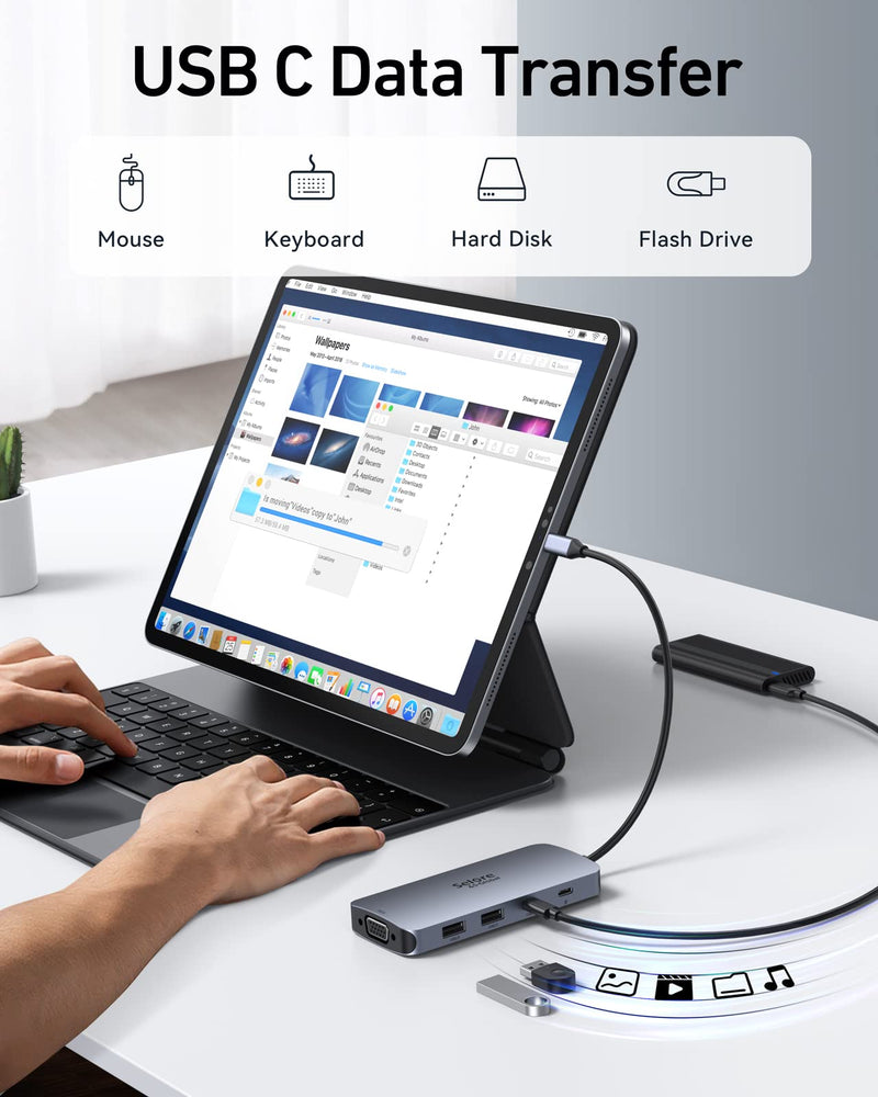 USB C Docking Station Dual HDMI Monitor Adapter, Selore USB C Hub 3 Monitors Adapter with Dual HDMI, Displayport, VGA, 100W PD Charging, 2USB A 2.0,USB C 2.0 Ports Adapter for Dell XPS,HP, Lenovo,etc Gray+PD