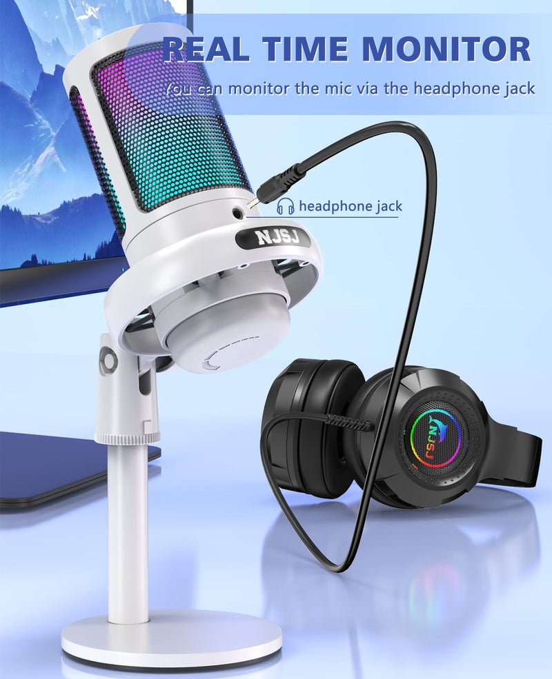[AUSTRALIA] - NJSJ USB Microphone for PC, Gaming Mic for PS4/ PS5/ Mac/Phone,Condenser Microphone with Touch Mute, RGB Lighting,Gain knob & Monitoring Jack for Streaming,Podcasting (with Desktop Stand, White) With desktop stand 