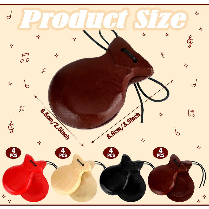 8 Pcs Spanish Castanets Musical Instrument Flamenco Castanets with String Traditional Wood Hand Percussion for Adults Beginners Spain Souvenir Gift, 4 Colors 8
