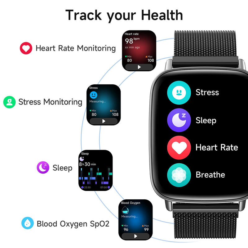 Smart Watch for Women, 1.85" HD Smartwatch Compatible iPhone/Samsung/Android (Answer/Make Calls), 100+ Sport Modes Fitness Tracker with Heart Rate/Sleep/SpO2 Monitor, IP68 Waterproof, Metal Band