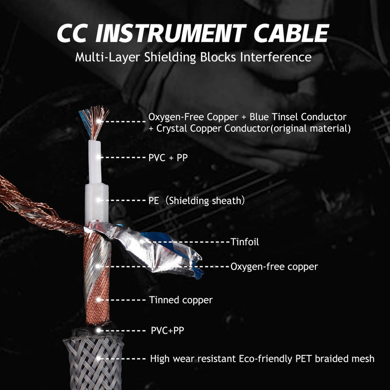 10ft Guitar Cable, 1/4 Inch Straight/Angle Instrument Cable, Electric Cord Guitar Amp Cord for Bass Amp and Instruments (CC Purple Braided) 10ft CC Purple-Braided