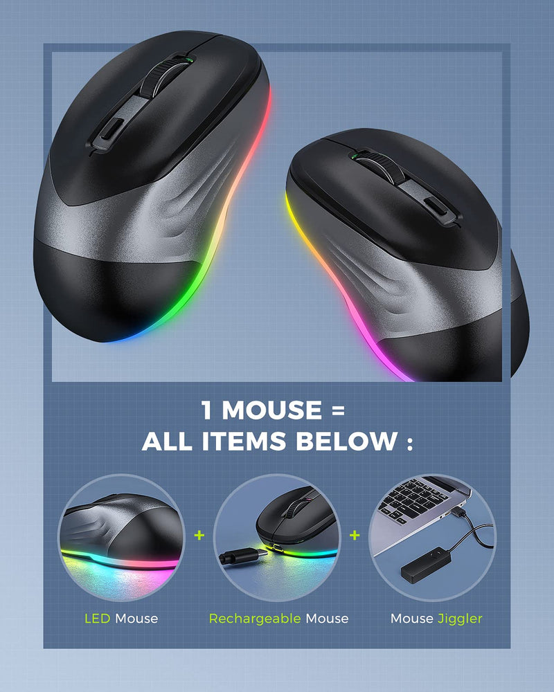 Wireless Mouse, Jiggler Mouse for Laptop - LED Mouse Rechargeable Computer Mice Mouse Mover Undetectable Random Movement with On/Off Button Keeps Computer Awake - Black&Grey Black & Grey Mouse