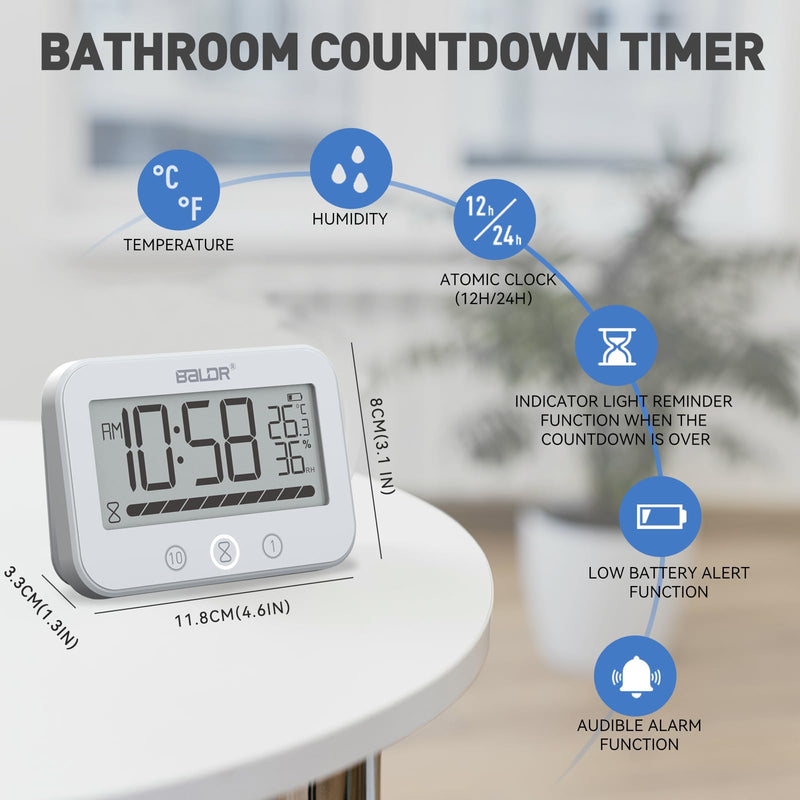 [AUSTRALIA] - Digital LCD Waterproof Timer Shower Clock, Waterproof for Water Spray, Bathroom Clock Wall Mount, Two Suction Cup, Displays Time, Temperature, and Indoor Relative Humidity (1, White) 1 