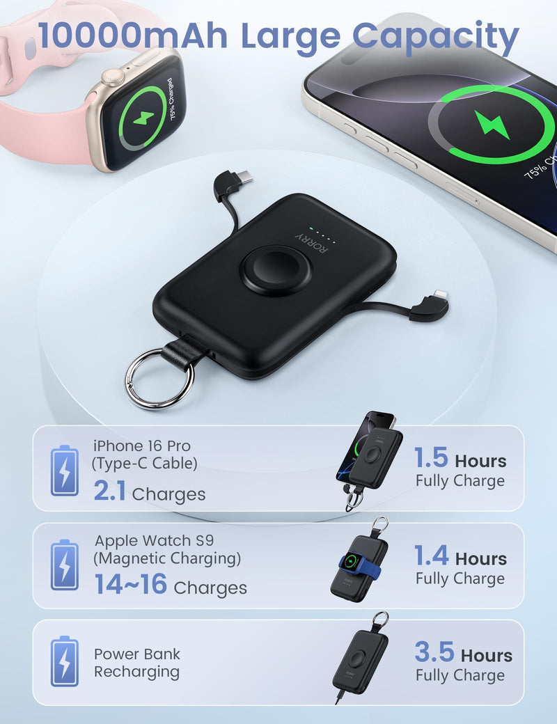 RORRY Portable Charger, 10000mAh PD 20W Fast Charging Portable Charger Power Bank with Built in Cables, Travel Battery Pack for iPhone 16/15/14/13/12 and Apple Watch Ultra/9/8/7/6/5/4/3/2, Black