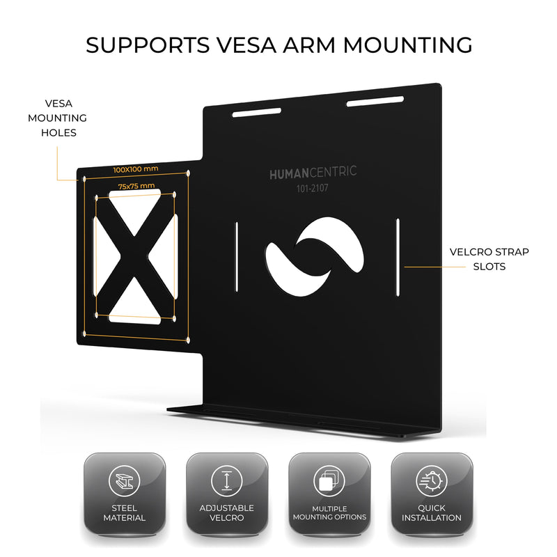HumanCentric Universal Small Device Mount for VESA Arms, Adjustable Strap | for Small Computers & Electronics, Mounts on Back of Computer Monitor Using VESA Arm