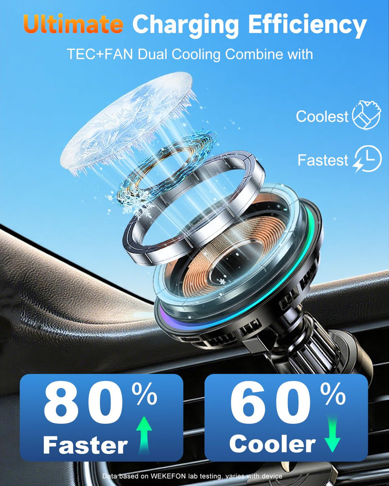 for MagSafe Car Mount Charger TEC Fan Cooling Magnetic Wireless Car Charger | Strong Magnet 15W Fast Charging Air Vent Car Phone Holder Bracket for Your Car for iPhone 17 16 15 14 13 12 Samsung & Android Black 1
