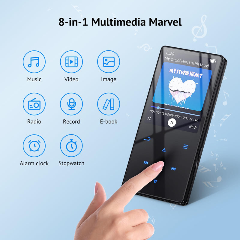 64GB MP3 Player with Boosted Bluetooth 5.0, Music Player Features HD Speaker, 2.4" Screen, Touch Buttons, Expandable SD Card Slot, Supports FM Radio, Voice Recording, E-Book, and More