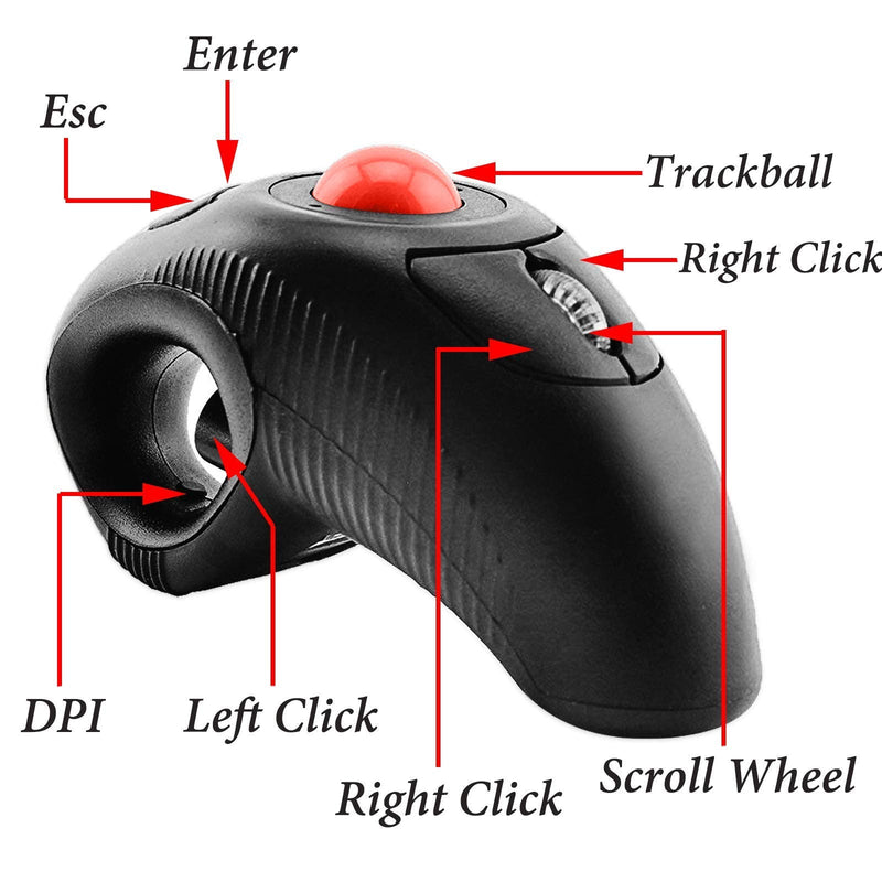 EIGIIS 2.4G Ergonomic Trackball Finger Handheld USB Wireless Mouse for PC Laptop Mac Left and Right Handed User (Black Wireless Red TrackBall) Black Wireless Red TrackBall