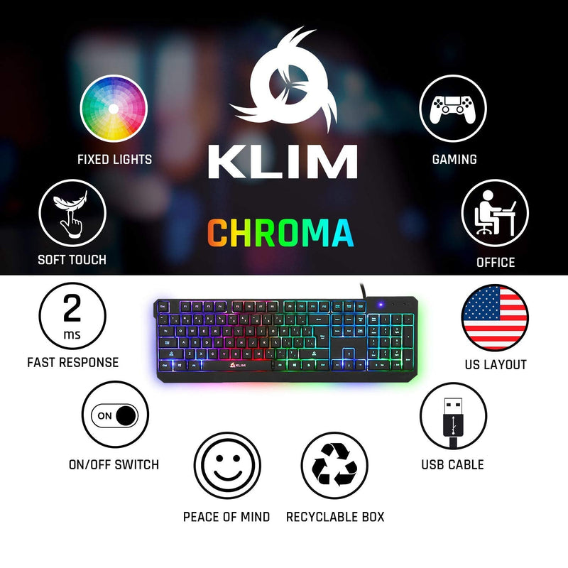 KLIM Chroma Gaming Keyboard Wired USB + New 2022 Version + Durable, Ergonomic, Waterproof, Silent Keyboard + 2 ms Response Time + Backlit Keyboard for PC Mac PS4 PS5 Keyboard + Black