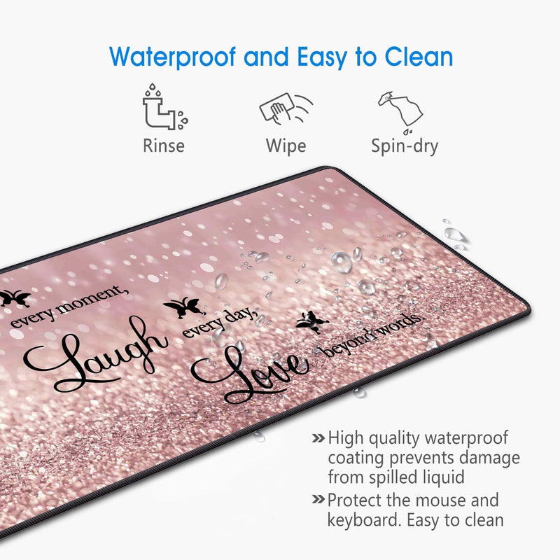 Desk Pad Mat Gaming Mouse Pads with Coasters, 31.5"x 11.8" Large Non-Slip Rubber Base Mousepad with Stitched Edges for Office & Home (Quote Live Every Moment, Laugh Every Day, Love Beyond Words) Quote Live Every Moment, Laugh Every Day, Love Beyond Words