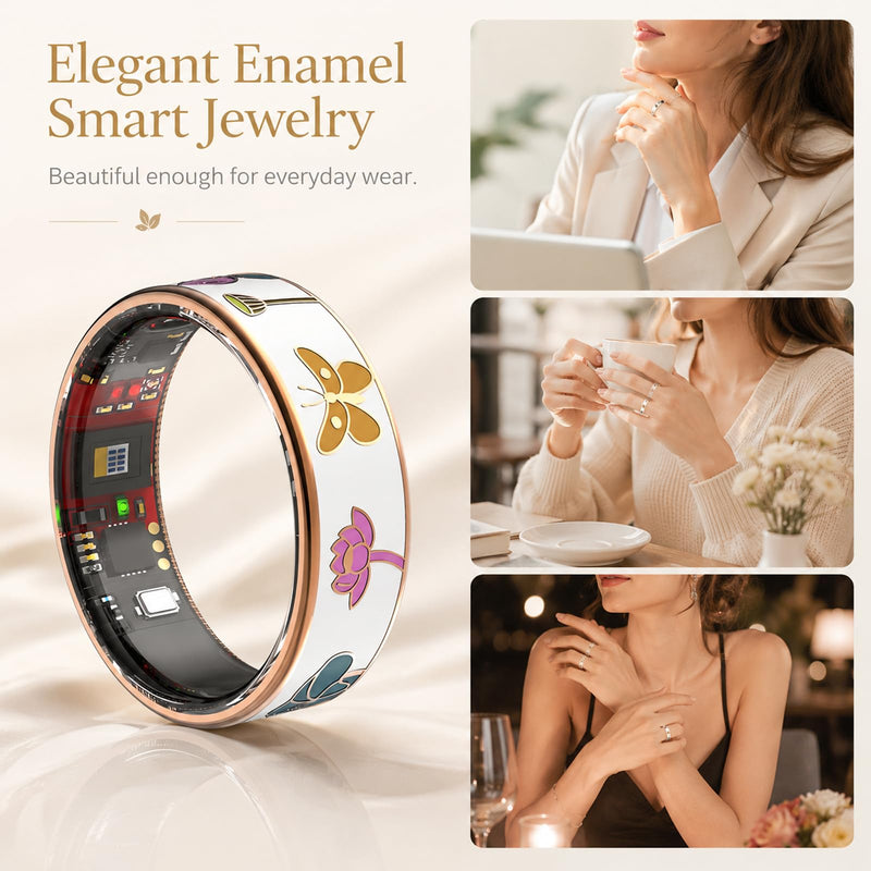 Smart Ring for Women, Fitness Tracker with Heart Rate and Sleep Monitoring | Floral enamel jewelry design with elegant gold-tone accents, step and calorie tracking, lightweight everyday wear Lotus #8(0.68 in)