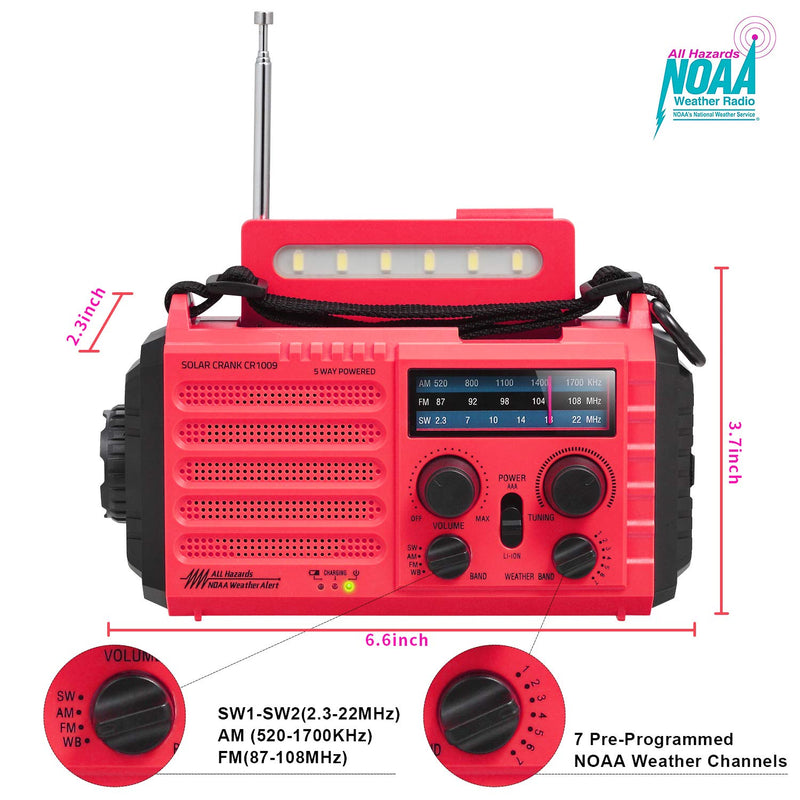 5000mAh Weather Alert Radio, AM/FM/SW/NOAA Radio, Solar Hand Crank Portable Survival Emergency Radio,Rechargeable Battery Power Bank USB Cellphone Charger,Camping Flashlight Lantern,SOS Alarm,Compass Red