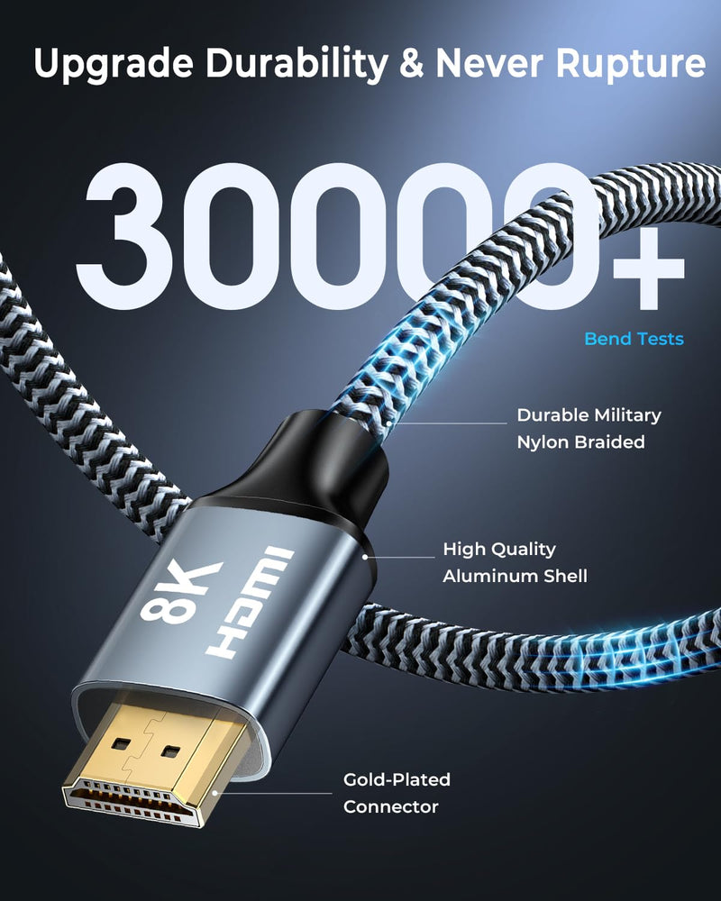 CABNEER 8K HDMI 2.1 Cable 1 m, HDMI Cable High Speed 48Gbps 8K @ 60Hz 4K @ 120Hz 2.2/2.3 for Dolby eARC HDCP HDR, Compatible with HDTV, Laptop etc 1 piece 1m