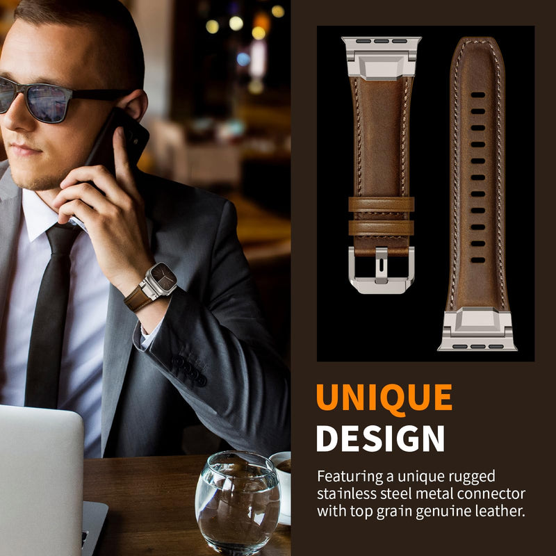 Leather Bands Compatible with Apple Watch Ultra 3/2/1 Band 49/46/45/42mm Men, Genuine Leather Metal Connector Strap for iWatch Ultra Series 11/10/9/8/SE, Dark Brown/Black+Retro Walnut/Titanium