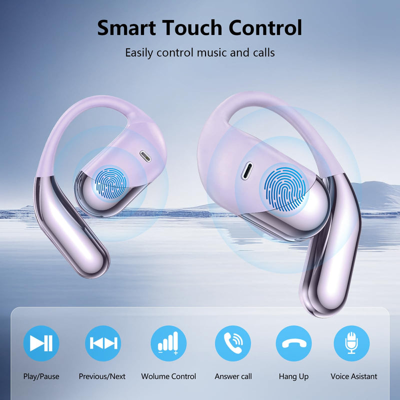Open Ear Headphones,Over Ear Buds Clip Wireless Earbuds Bone Conduction Built-in Mic Earhook,Bluetooth 5.4 LED Display,60H Playtime Touch Control Design for Cycling,Running,Office,Ear Hooks Q16-H3 Violet